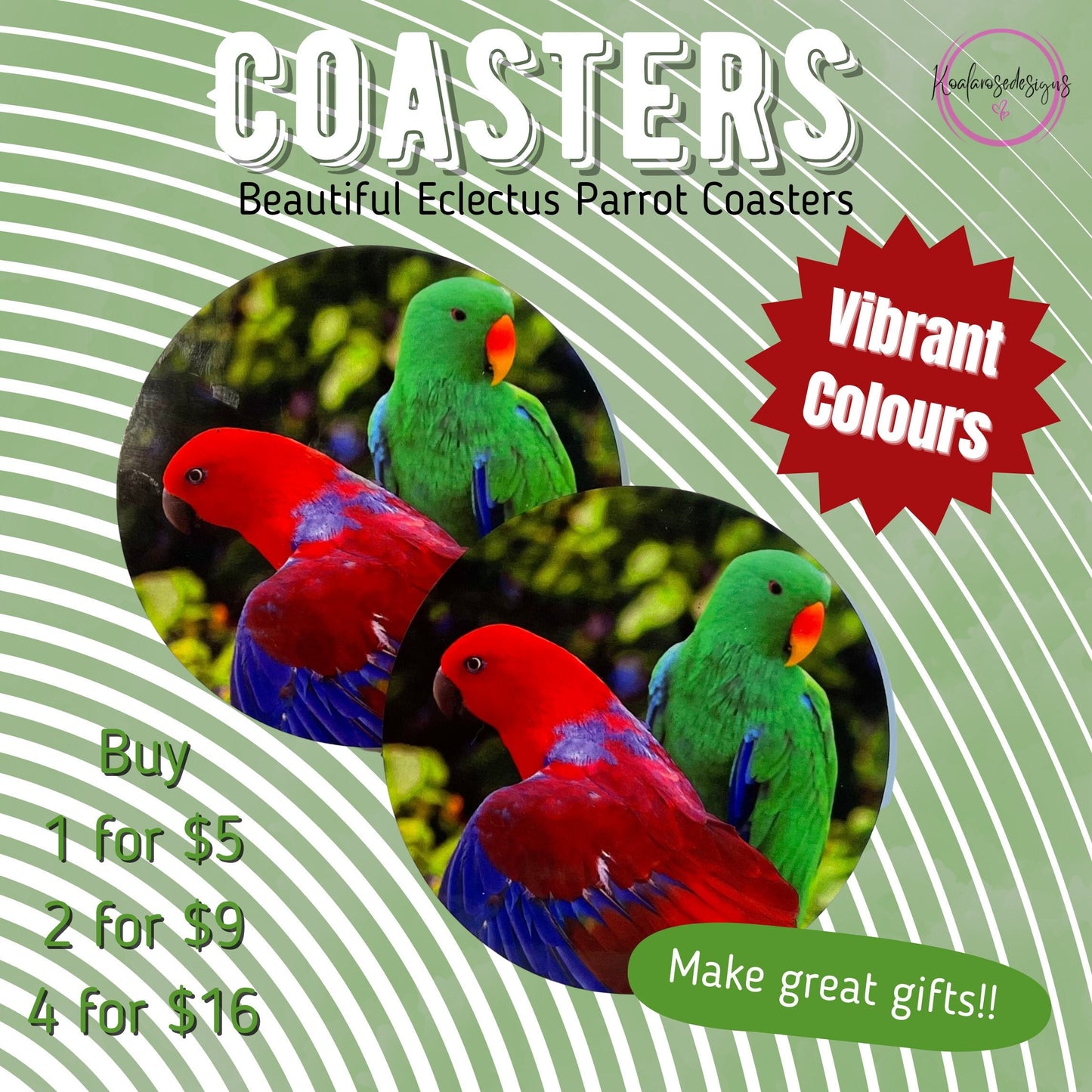 Colourful Eclectus Parrot Coasters